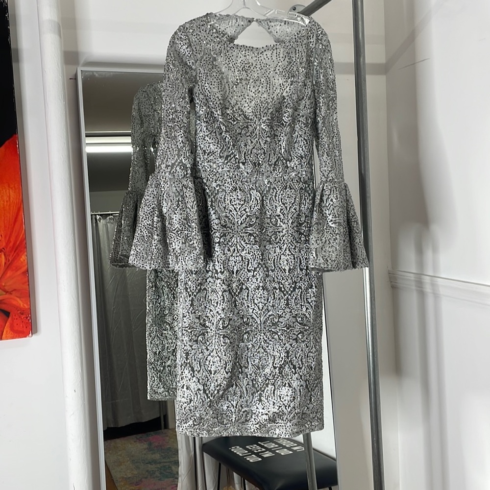 LOVELY BELL SLEEVED SILVER BEADED DRESS